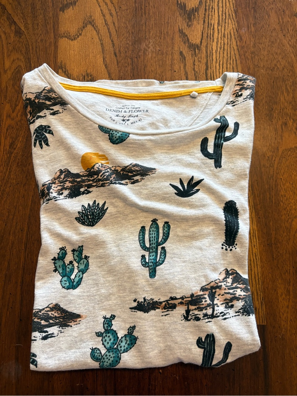 Denim & Flower Cream Tee with Teal Cactus & Mustard Sun